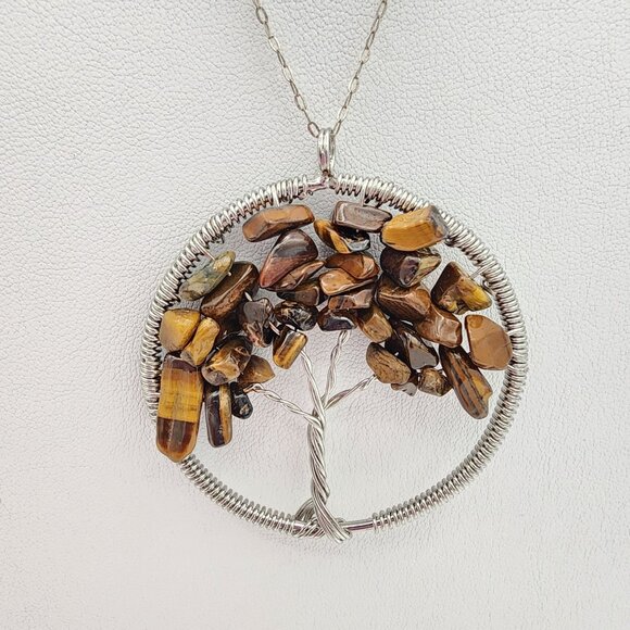 Handmade Tree Of Pendant With Tigers Eye Stones Fall Foliage Nature Lover - Picture 1 of 5